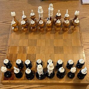 Vintage Mexican bone hand carved Wooden Chess Set
